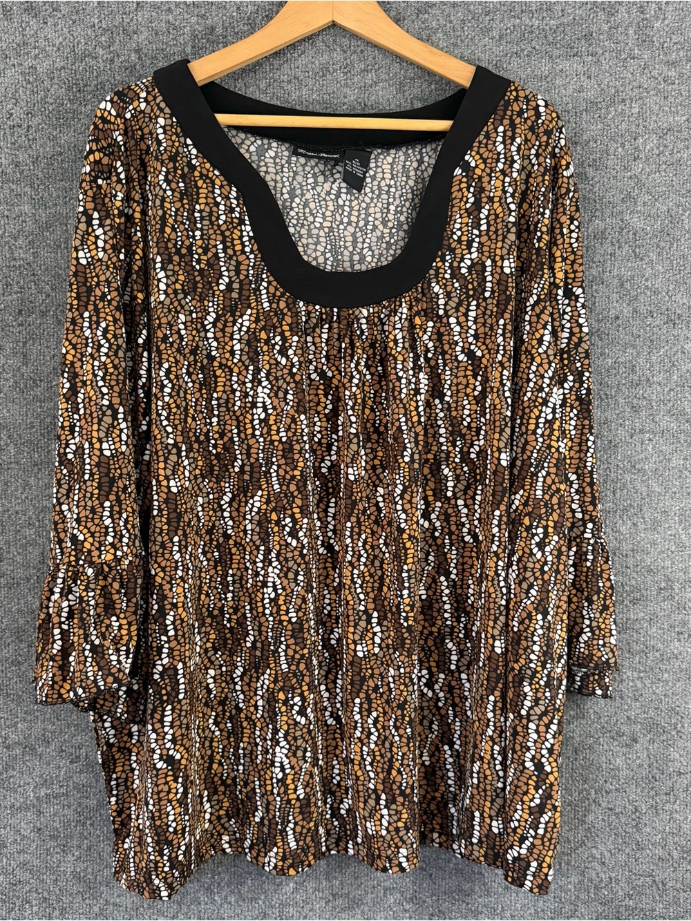 Maggie Barnes Womens 4X Tunic Top Brown Black White Pattered Bell Sleeve Fall